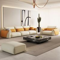 Italian minimalist leather sofa, modern simple living room, Nordic cream style in-line, three-person four-seater size apartment