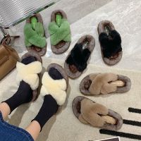 HOT★Mr Co Flat Shoes Female House Slippers Platform Slipers Women Slides Fashion Flock Fur Flip Flops 2022 Luxury Plush PU Rubber