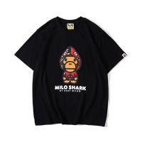 BAPE เสื้อยืดแขนสั้นสำหรับผู้ชาย,หมวกฉลามสีแดงลายการ์ตูนแขนสั้นผ้าคอตตอนผ้าฝ้ายคอกลมฤดูร้อน