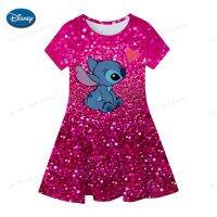 HOT★ฤดูร้อนใหม่ Disney เสื้อผ้าเด็ก Stitch Princess พิมพ์แบบลำลองสำหรับเด็กผู้หญิงการ์ตูนชุดวันคริสต์มาส1-12ปี2023