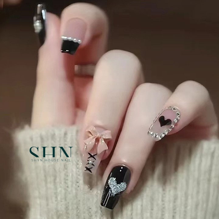 Bộ 24 móng tay giả đính nơ DZ071, Nail giả đẹp, Nail box đính đá ...