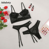 New womens y garter belt lace lingerie set thong bra three-piece underwear set underwire gather mesh see-through underwear