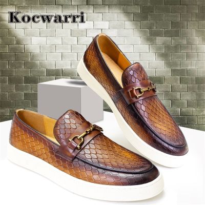 Genuine Leather Mens Shoes Handmade Metal Buckle Snake Leather Shoes Non-slip Flat Loafers Banquet Party Wedding Mens Shoes