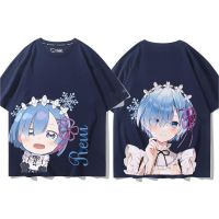 Re:Zero Anime Ramrem Emilia เสื้อยืดแขนสั้นพิมพ์ลายผ้าฝ้ายแขนสั้นเสื้อยืดบางและสวมใส่สบายสีน้ำเงินเข้ม