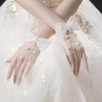 ○✒ Bride Wedding Date White Lace Bow Pearl Short Gloves Ladies Bride Accessories