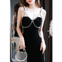 ชุด Pearl Suspender ชุดราตรีฤดูร้อนใหม่ Elegant Little Black Dress Slim Fit สั้นวันเกิด Party Dinner Dress ชุด แต่งงาน