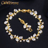 Cwwzircons ที่สง่างามใบสาขาสีเหลืองชุบทองประกายสีขาวประดับเพชรสร้อยข้อมือกำไลข้อมือแฟชั่นแบรนด์หญิงเครื่องประดับของขวัญ