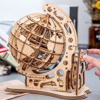 Wooden Globe Puzzle Mechanical Drive Model Transmission Gear Rotate Assembling Puzzles Home Office Decoration Educational Toys