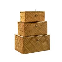 Handmade Straw Woven Storage Basket with Lid Makeup Organizer Storage Box Seagrass Laundry Baskets Rattan Jewelry Box