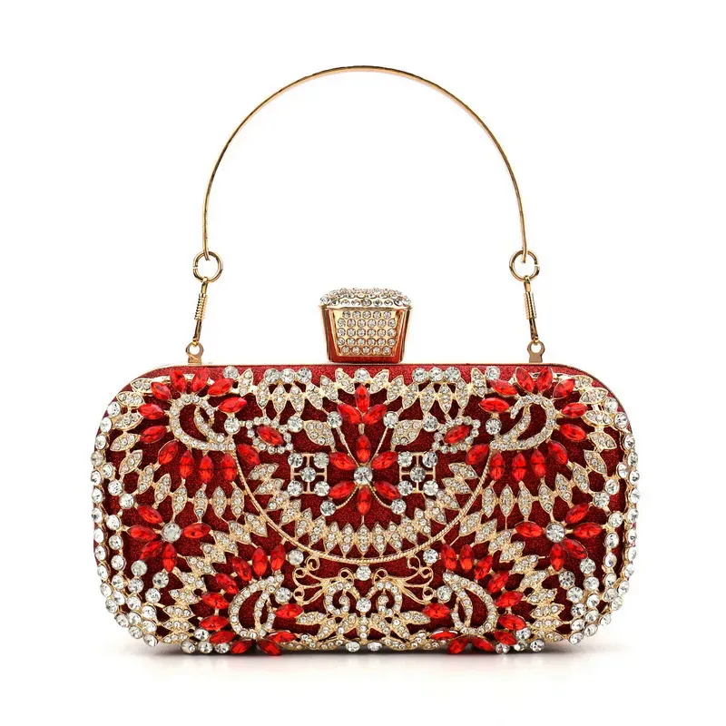 Red color hollow out fashion clutch luxury diamonds floral evening