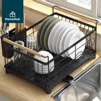 HomeHuk ที่คว่ำจานสแตนเลส 201 พร้อมถาดรองน้ำ มีที่ใส่ช้อนส้อม ชั้นวางจาน Stainless Minimal Dish Rack 42x19.5cm