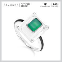 แหวนGemondo แหวนเงินแท้ 925 Sterling silver ประดับแคลซีโดนีสีเขียว (Green Chalcedony) และร็อกคริสตัล (Rock Crystal) สไตล์อาร์ตเดคโค : แหวนอีนาเมล แหวนพลอย