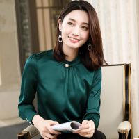 ✱卐✎ Womens shirt new 2021 foreign style fashion beautiful small shirt stand collar satin feeling early autumn chic top