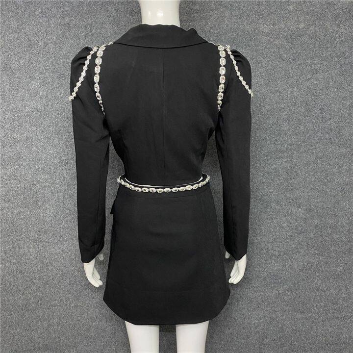 2023-autumn-and-winter-new-long-sleeved-slim-short-top-mini-a-line-skirt-hot-girl-suit-flashing-diamond-chain-short-suit-set