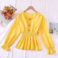 Flared Sleeve Candy color Elegant Ruffle Elastic Waist Blouse Women Top Women Blouse Long-sleeved