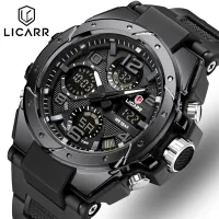 LICARR 5Bar Jam Tangan Sport ทหารของผู้ชายนาฬิกาข้อมือสองนาฬิกาปลุกแสดงผลหน้าจอแบบโครโนกราฟดิจิตอลกันน้ำ