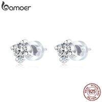 {Han ornaments}Bamoer ต่างหูเงินแท้925 Cubic Zirconia Hypoallergenic Platinum Plated ขนาด4มม. X 5มม.