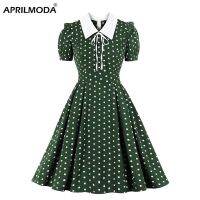 2022 Green Vintage Retro 50s 60s Women Dress Polka Dots Printed Short Sleeve Turn Down Collar Rockabilly A Line Party Jurken