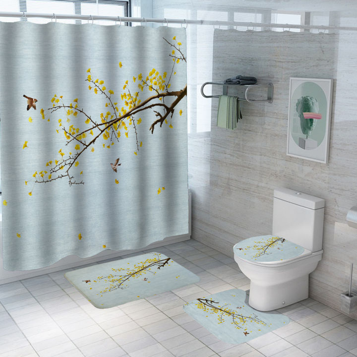 chinese-style-flower-and-birds-tree-shower-curtain-set-bathroom-bathing-screen-anti-slip-toilet-lid-cover-carpet-rugs-home-decor