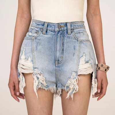 พร้อมส่ง SMFK Wilderness Burning Denim Shorts การออกแบบการทำลายขอบดิบ V คำเย็บสั้นพิเศษกางเกงเอวสูงผู้หญิงกางเกงร้อน