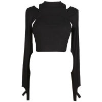 [EAM] Women Black Hollow Out Two Ways Wear Slim T-shirt New Round Neck Long Sleeve Fashion Tide Spring Autumn  1DE2414