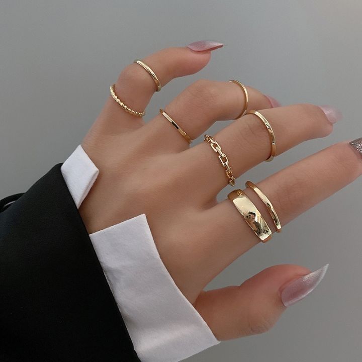 mm75-lats-7ชิ้นเครื่องประดับแฟชั่นแหวนชุดร้อนขายโลหะกลวงรอบเปิดผู้หญิงแหวนนิ้วสำหรับสาวเลดี้พรรคของขวัญแต่งงาน