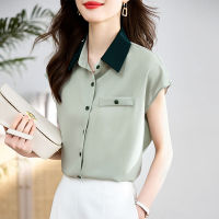 เสื้อสไตล์เกาหลีสำนักงานทรงหลวมสำหรับผู้หญิง,เสื้อเชิ้ตสีเขียวฤดูร้อนแฟชั่นแขนสั้นเรียบง่าย