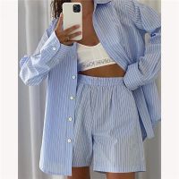 Loung Wear Tracksuit Women Shorts Set Stripe Long Sleeve Shirt Tops And Loose High Waisted Mini Shorts Two Piece Set 2021