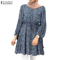 COD dhdfxcz ZANZEA Women O Neck Long Lantern Sleeve Printed Elastic Waist Muslim Blouse