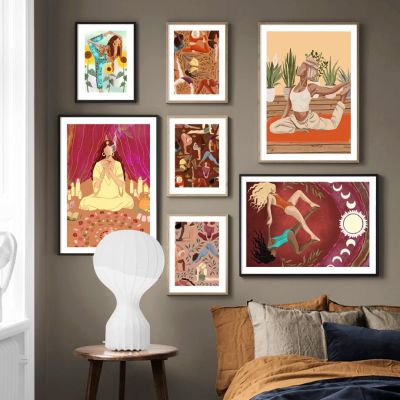 บทคัดย่อ Yoga Pose Wall Art ภาพวาดผ้าใบ Nordic โปสเตอร์และภาพพิมพ์สำหรับห้องนั่งเล่นตกแต่งบ้าน-แฟชั่นสาวดอกไม้