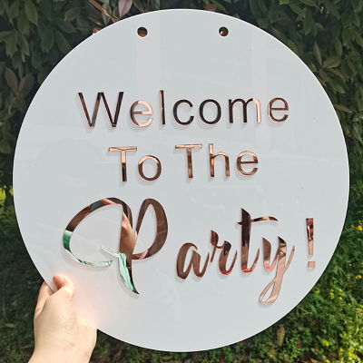 Personalized Round Shape White Acrylic Welcome Sign, Custom Mirror Acrylic Circle Welcome Party Sign for Hanging
