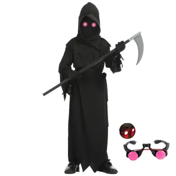 Grim Reaper Halloween Costume with Glowing Red Eyes for Adult, Scythe  Included