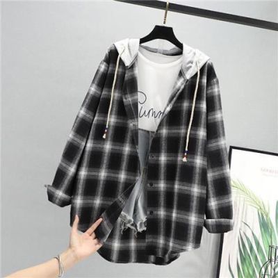 [Spot] spring/summer autumn plaid shirt Womens retro Hong Kong style ins loose and hooded cardigan coat shirt 2023