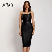 ZZOOI XLLAIS Sexy Backless Mid Evening Dresses For Women 2022 Fashion Halter Bandage Cocktail Night Club Party Robes Leather Vestidos