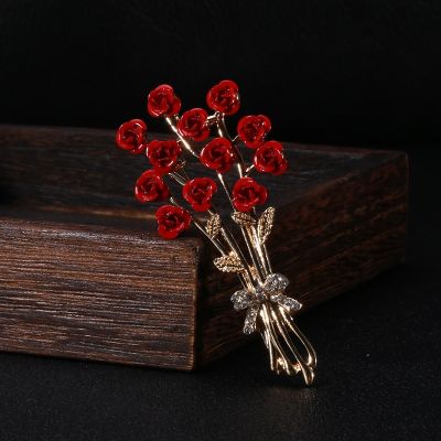 New Fashion Romantic Red Rose Bouquet Brooch Charming Ladies Temperament Trendy Party Jewelry Gift