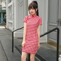 2021 summer new elastic lattice improved cheongsam slim student dress daily girl dress short cheongsam