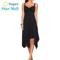 [Clearance Sales] Liebeye Womens Casual Spaghetti Strap Ruched Asymmetrical A-line Sun Dress