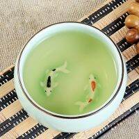 45Ml/80Ml Handpainted Ceramic Embossed Double Carps Teacup Longquan Celadon 3 Foots Fish Luohan Vintage Personal Cups Green Blue