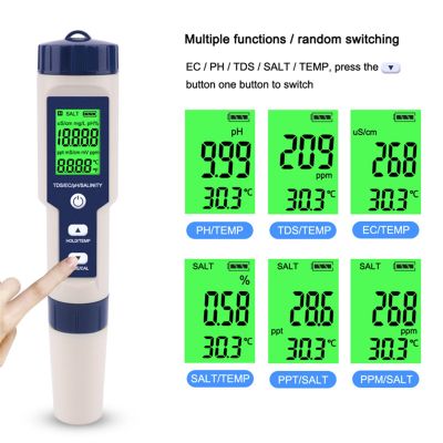 ปากกาวัดความเค็มแบบ5 In 1 PH Tooi ดิจิตอล EC เมตร,ตัวกรองเครื่องวัดค่าอุณหภูมิเครื่องวัดอุณหภูมิสำหรับวัดความเค็มพร้อมแบ็คไลท์ปิดดื่ม50% ครั้ง