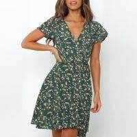 ZZOOI Aachoae Women V Neck Floral Print Dress Summer Casual Short Sleeve Mini Beach Dress Bandage Wrap Dresses Sundress Vestidos Mujer