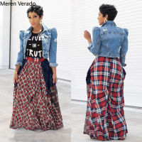 Meren Verado Vintage Women Plaid Jean Patchwork Pleated Maxi Skirts Streetwear Party Floor Length Big Swing Long Skirt