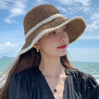 [hot]Women Summer Bucket Hat Folding Straw Hat UV Protection Sun Visor Pearl Panamas Hat Seaside Beach Hat Tide Summer Hats