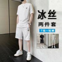 【July hot】 Mens 2023 summer new casual ice silk suit mens trendy handsome T-shirt sports two-piece