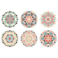 Set of 6 Round Pieces Mandala Patterns Acrylic Drink Coasters Flower Design Cup Mats Tabletop Protection Home Bar Kitchen Decor