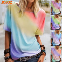 เสื้อยืดผู้หญิงแขนสั้น JOJOZ เสื้อท็อปส์สบายๆหลวมสีรุ้งพิมพ์รอบคอ