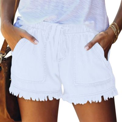 Denim Shorts Women Jean Short Pants with Pocket Exercise Running Office Home Travel Fashion Summer Clothes White S