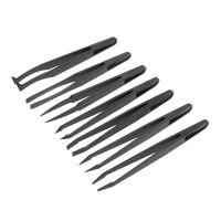 7Pcs Black Plastic Antistatic Flat Bottomed Top End Tweezers Hand Tools Set