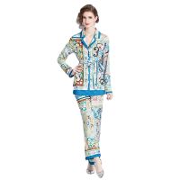 Ladies Two-Piece Set Real Shot Spot-Fashion Tailored Collar Printed Top Pants Pajamas Suit Belted