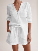 100%Cotton Autumn Sleepwear Suits With Shorts Pijama Pocket Nightwear Single Breasted Womens Nightgown Full Sleeve Women Pajama