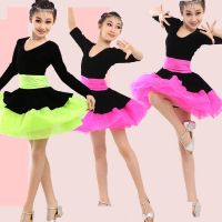 ﹍ Professional Girl Long Sleeves Latin Dance Dress Children Ballroom Dancing Dress Kids Salsa Rumba Cha Cha Tango Stage Dress Wear